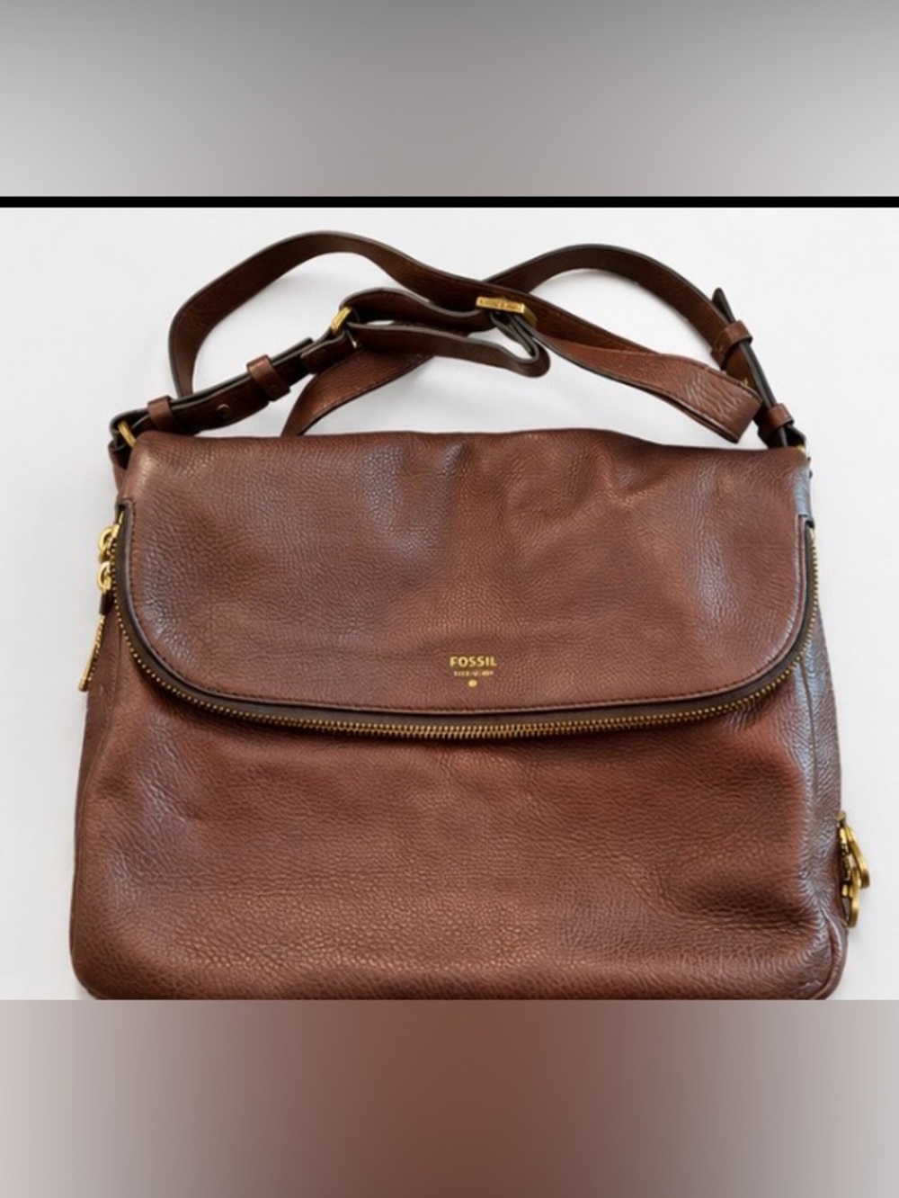 Fossil Brown Pebbled Leather Messenger Bag with Gold Hardware